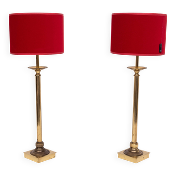 set solid Brass Table lamps Red Velvet shades 1960s France