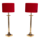 set solid Brass Table lamps Red Velvet shades 1960s France