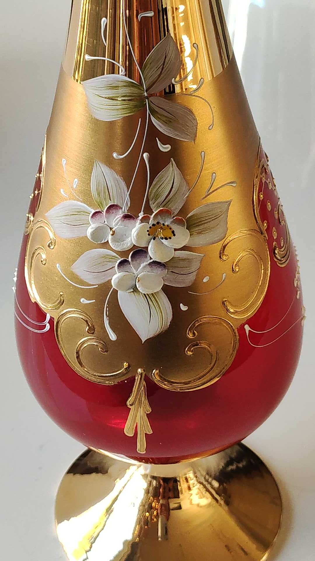 Vase/Ewer in blown Murano Art Glass/Trefuochi model, in ruby red & gold colours