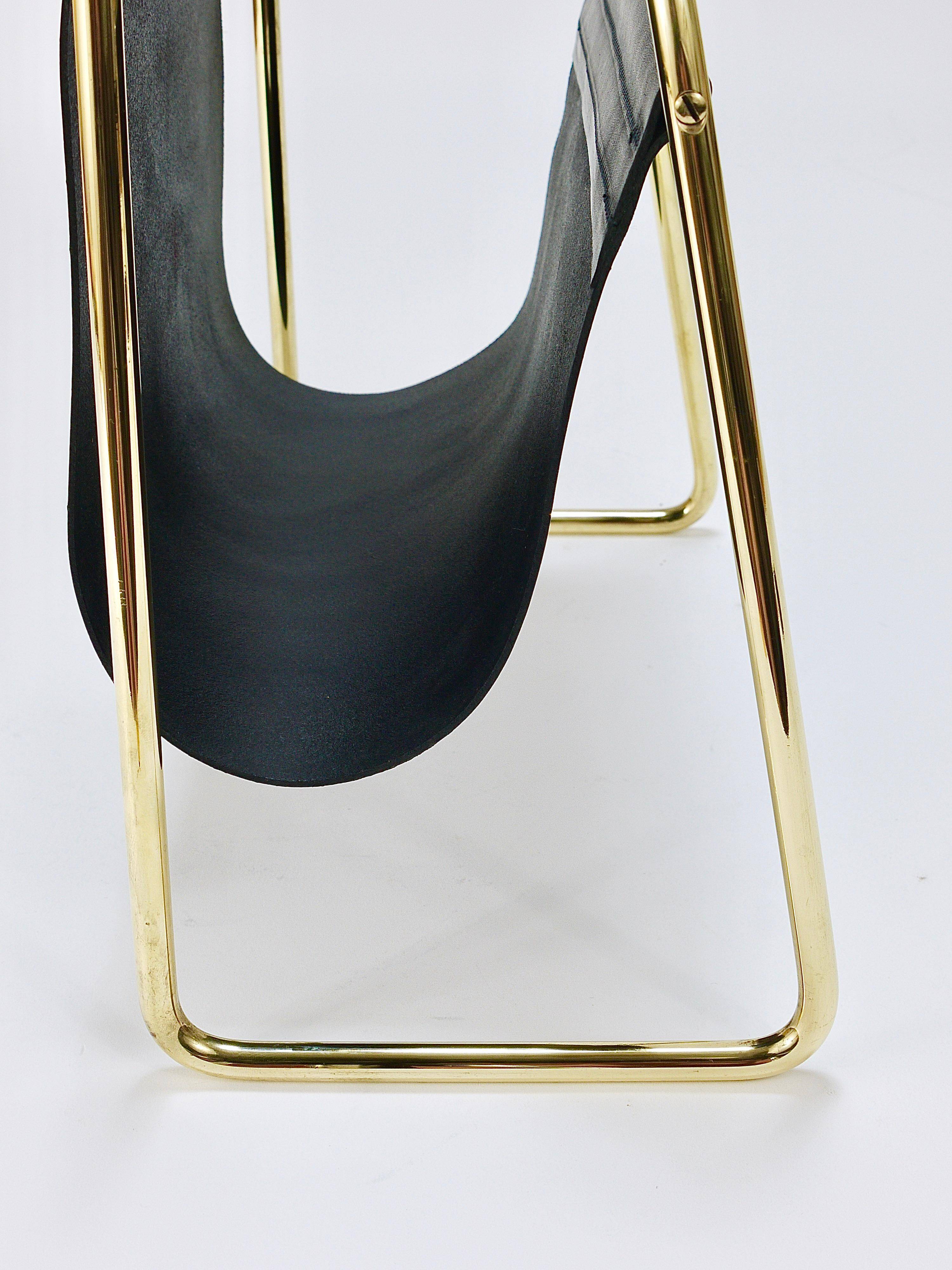 Carl Auböck II Midcentury magazine rack, brass and black leather, vintage, Austria