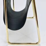 Carl Auböck II Midcentury magazine rack, brass and black leather, vintage, Austria
