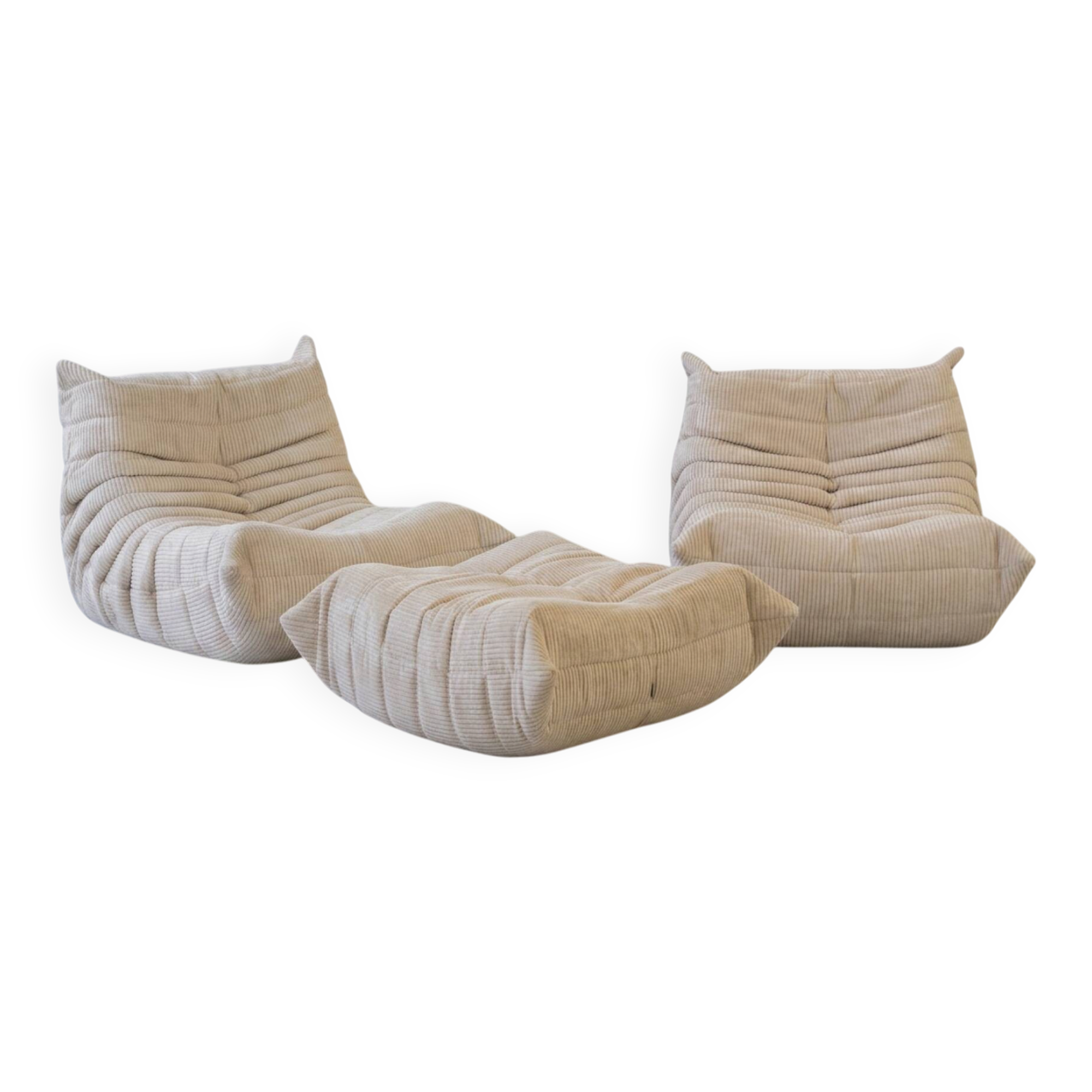 Togo set of 2 armchairs and poufne in beige corduroy
