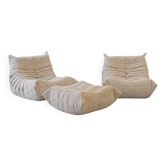 Togo set of 2 armchairs and poufne in beige corduroy