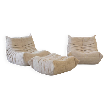 Ensemble de 2 fauteuils et pouf en velours côtelé beige Togo