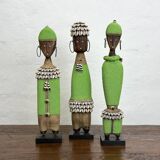 Set of 3 Namji Dolls, African Art in Wood, Beads, Cowries
