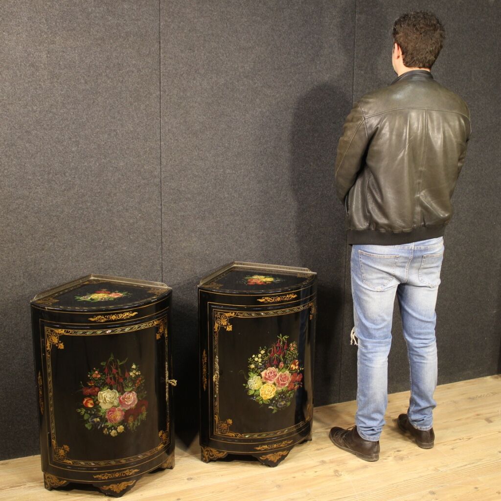 Pair of lacquered and painted French corner cabinets