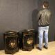 Pair of lacquered and painted French corner cabinets