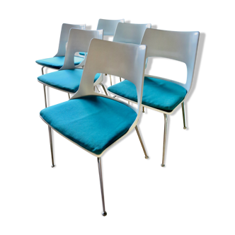 6 chaises blanches à galette turquoise de Kay Korving. Danemark 1975