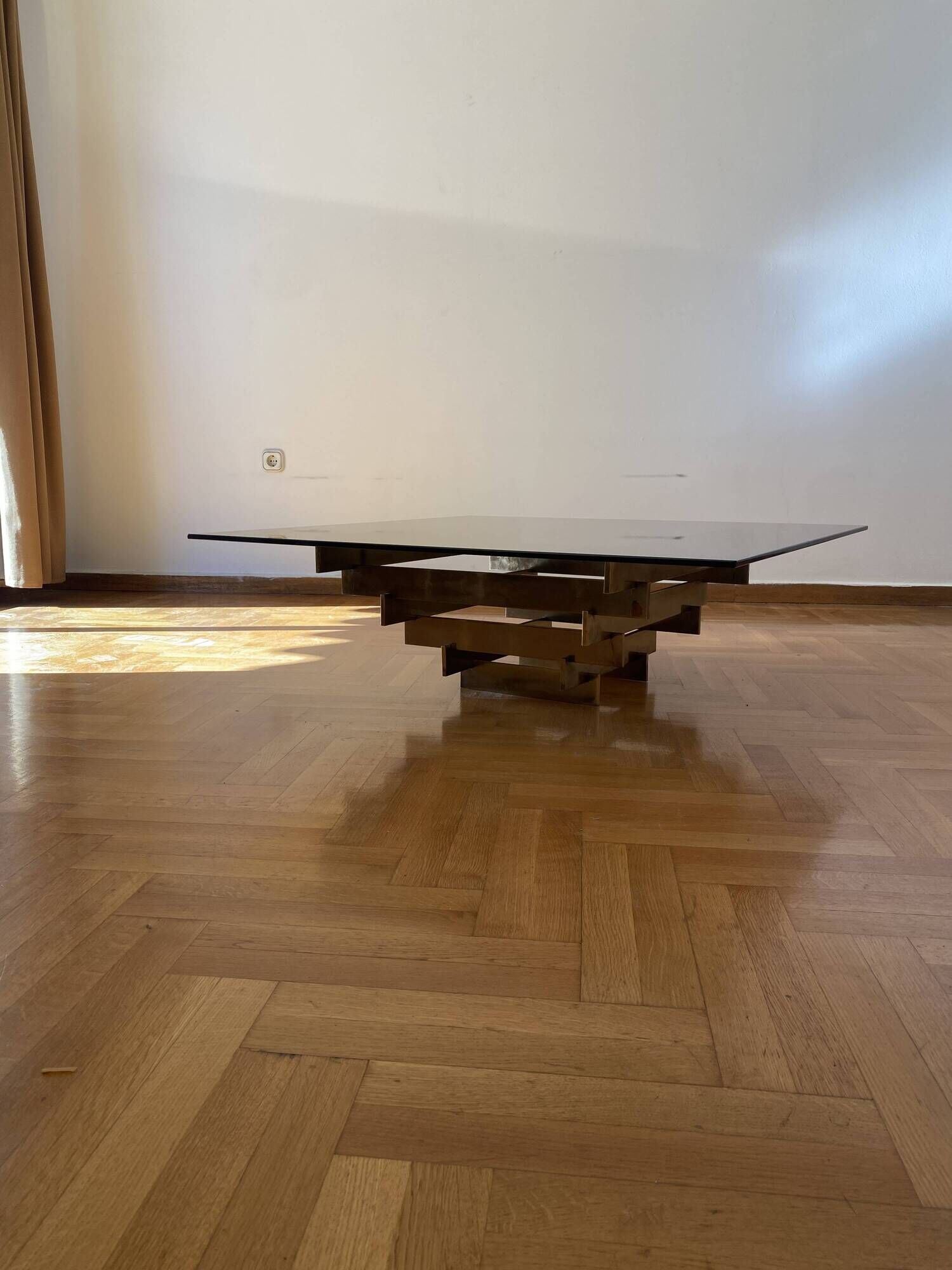Vintage 1970s Square Coffee Table in Brass and Smoked Glass, David Hicks