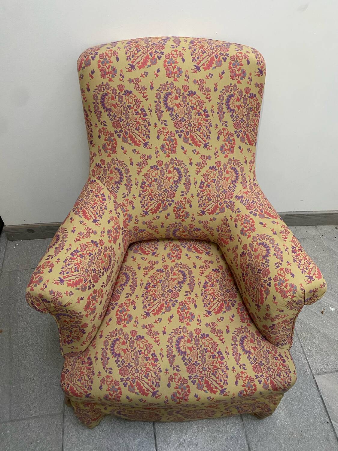 Antique English armchair with Liberty floral tapestry