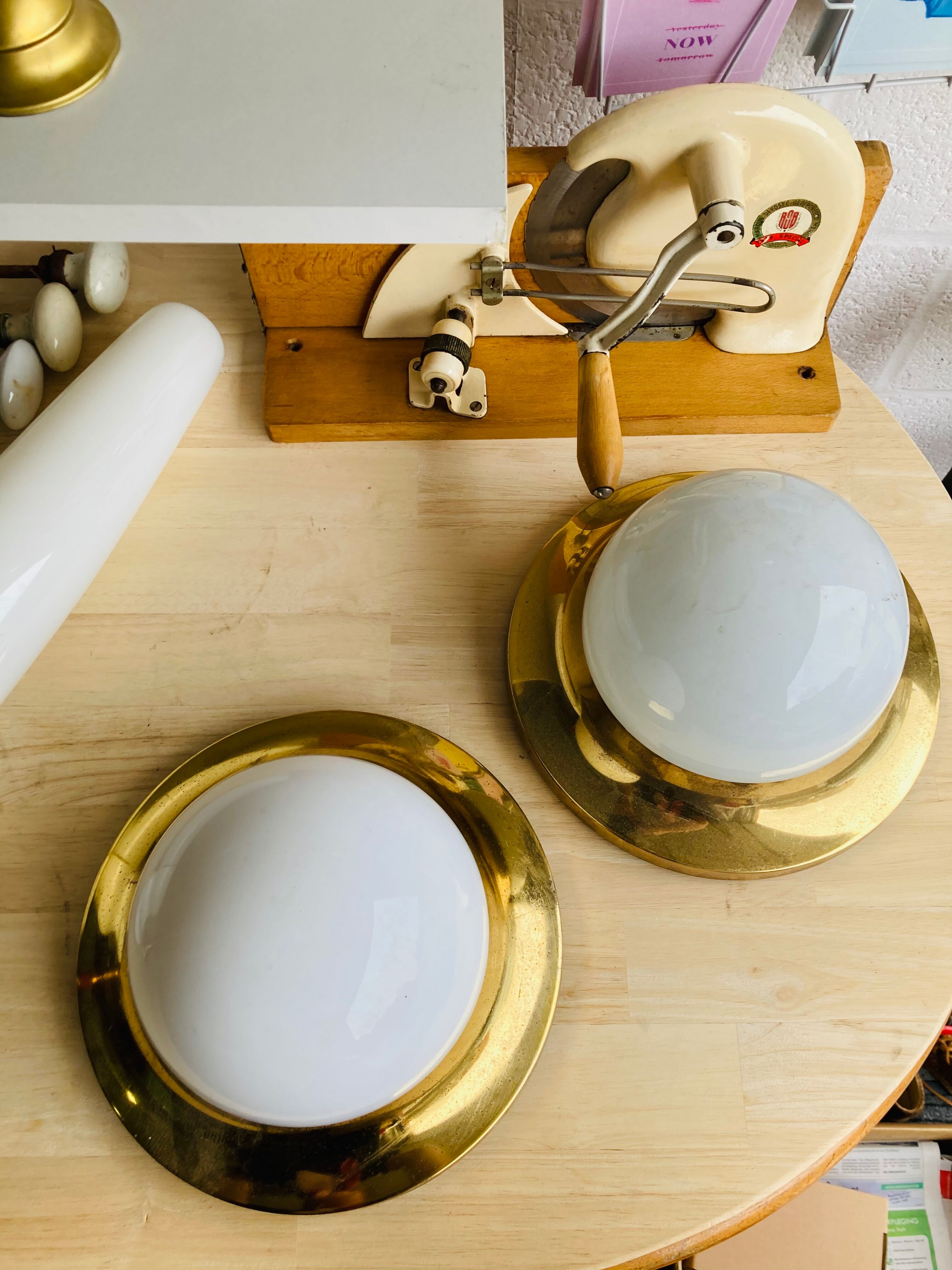 Brass and opaline wall sconces