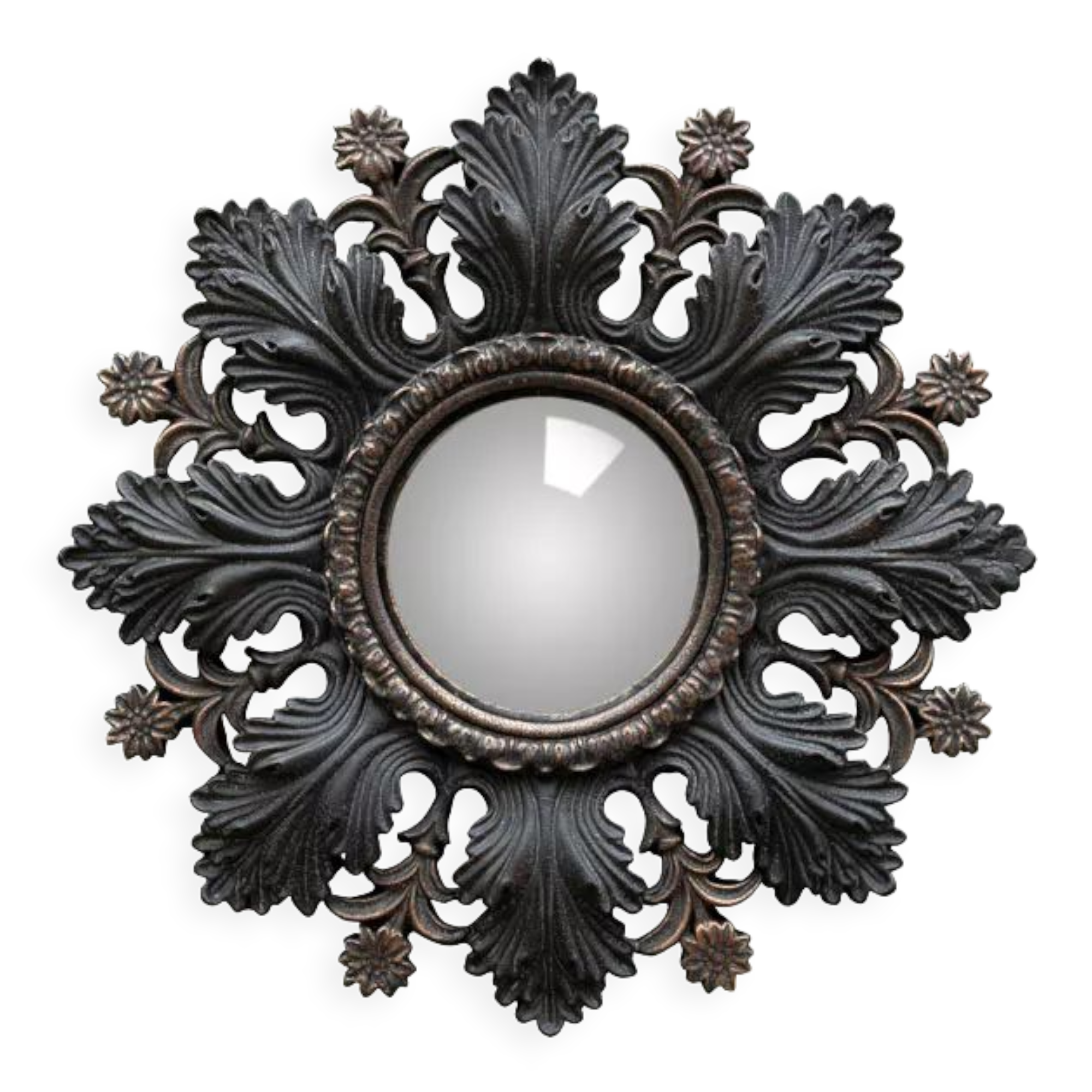 Convex mirror leaves and black flowers golden reflection 20 cm