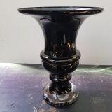 Ancien Vase Forme Médicis Verre Multicouche Noire & Transparent Vintage