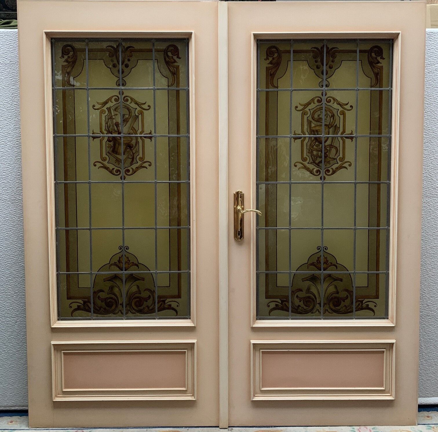 Wooden doors with stained glass