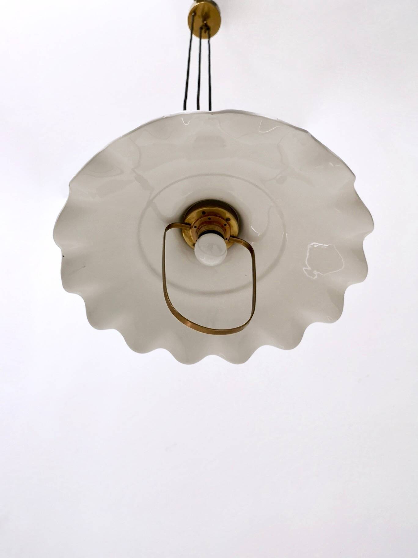 White Ceramic and Brass Adjustable Pendant Lamp, Italy