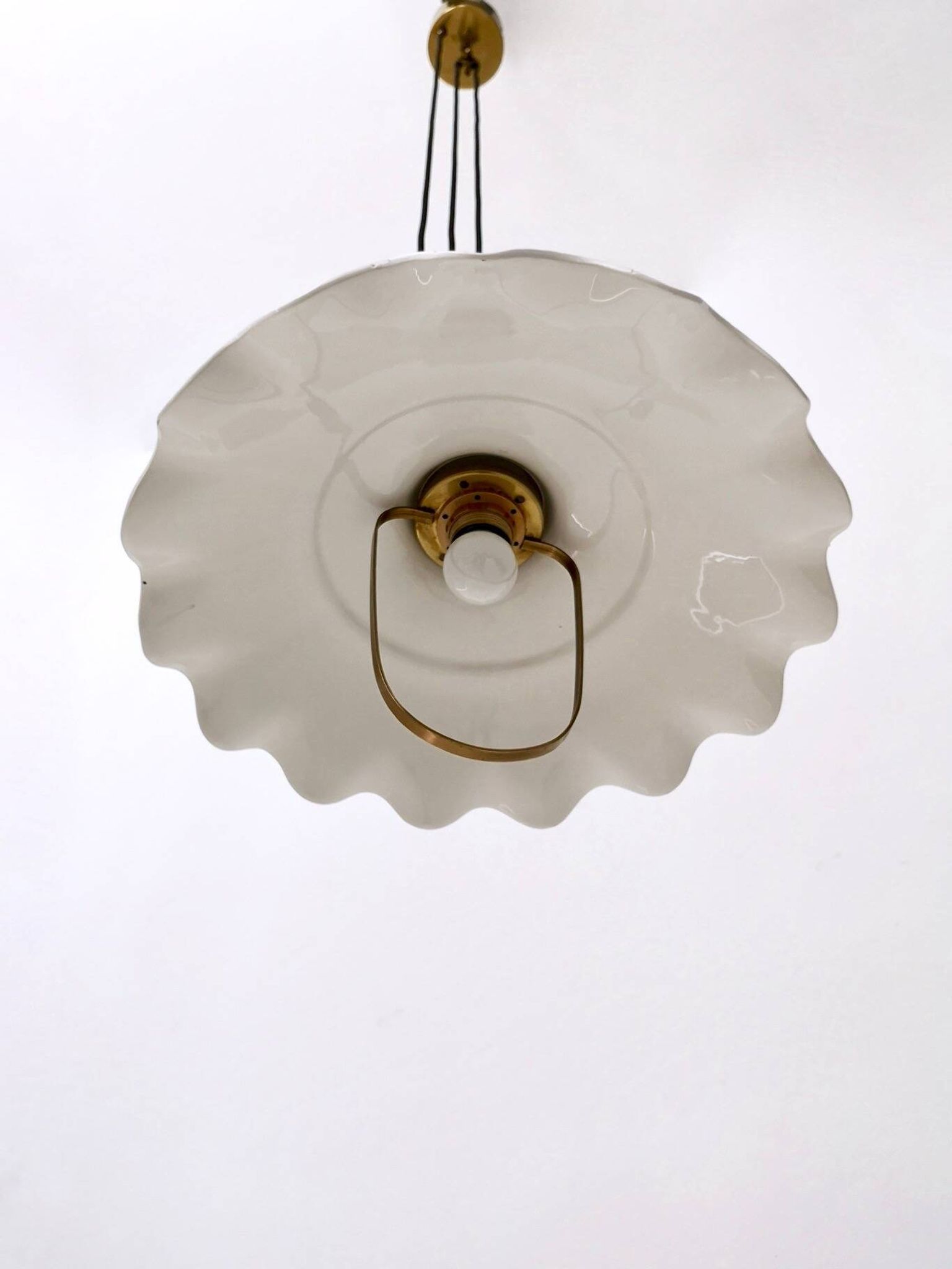 White Ceramic and Brass Adjustable Pendant Lamp, Italy