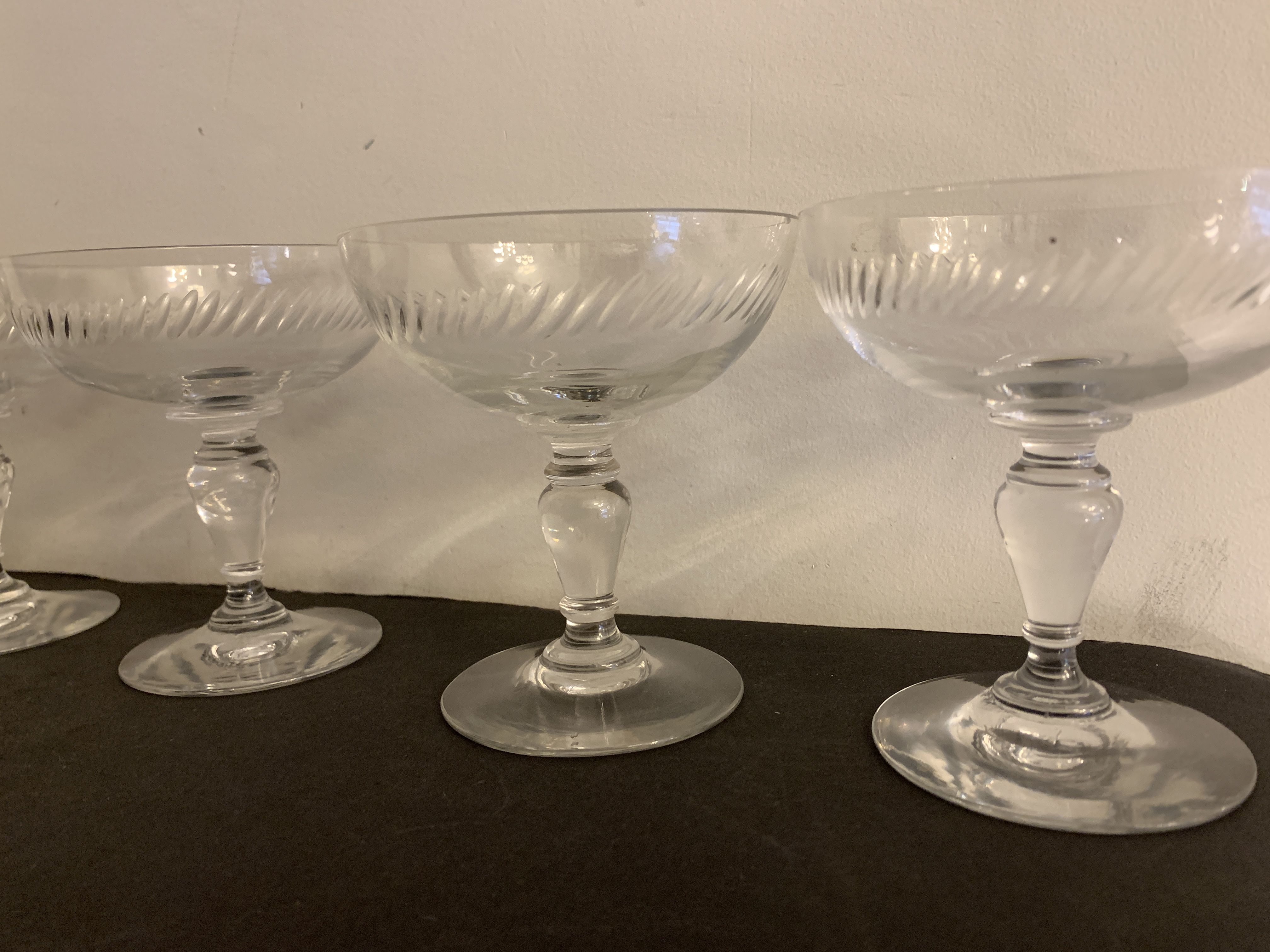 6 old champagne glasses in blown crystalline