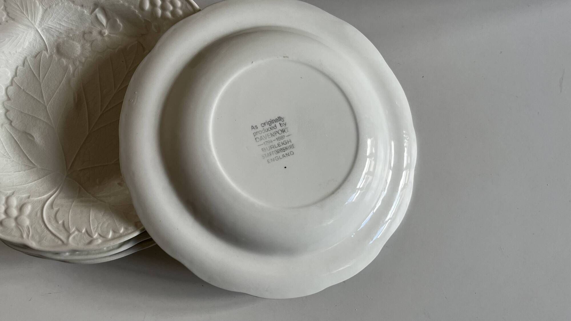 Set of 5 English earthenware plates by Burleigh Davenport with raised leaf design.