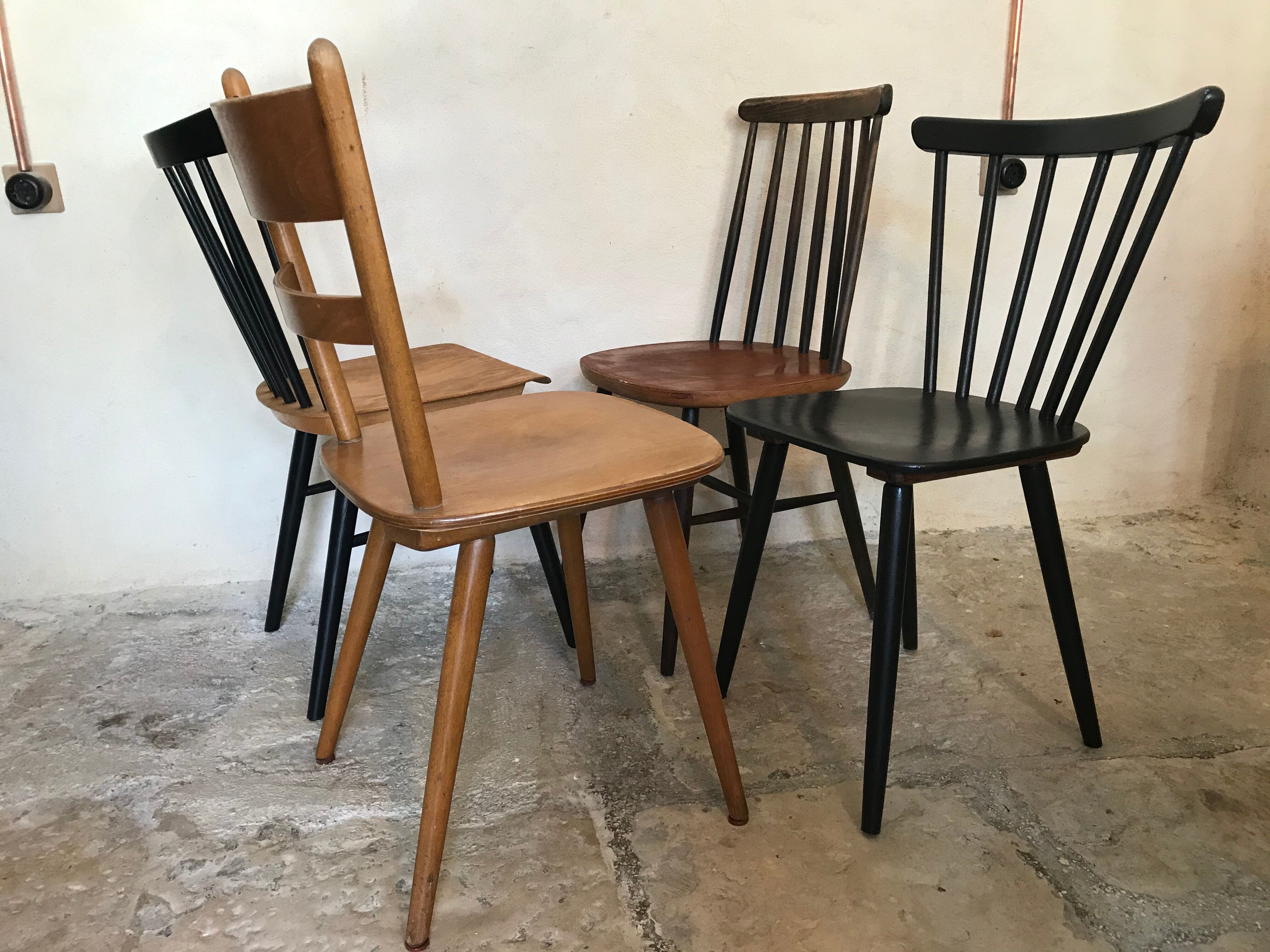 Set of 4 mismatched vintage chairs compass feet