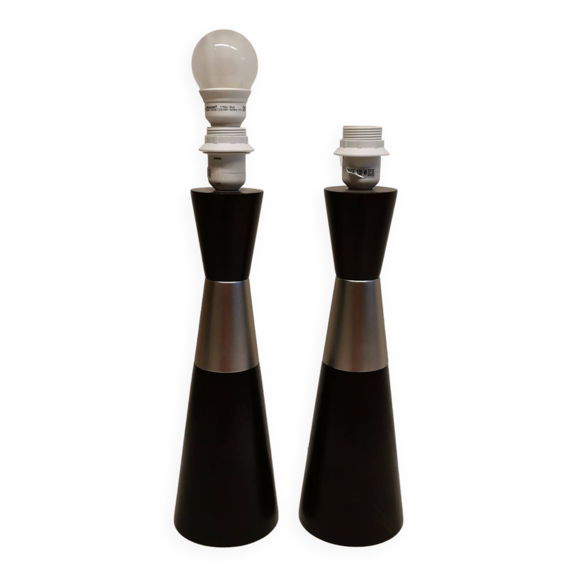 Two table lamps made of dark-stained wood with silver detail in the middle.