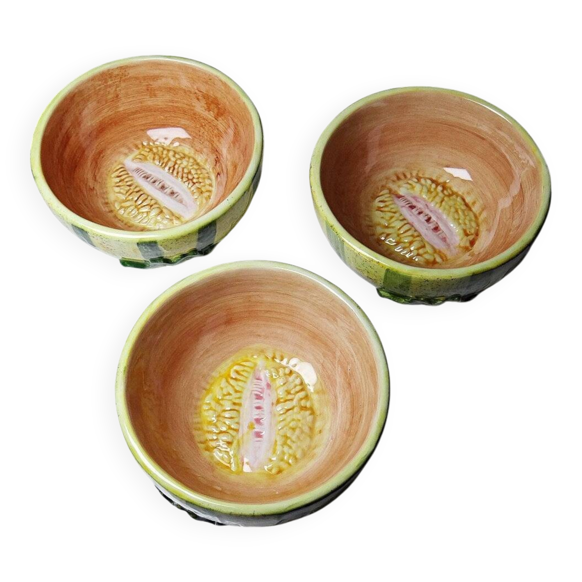 3 earthenware bowls with melon decoration, vintage 1980s.