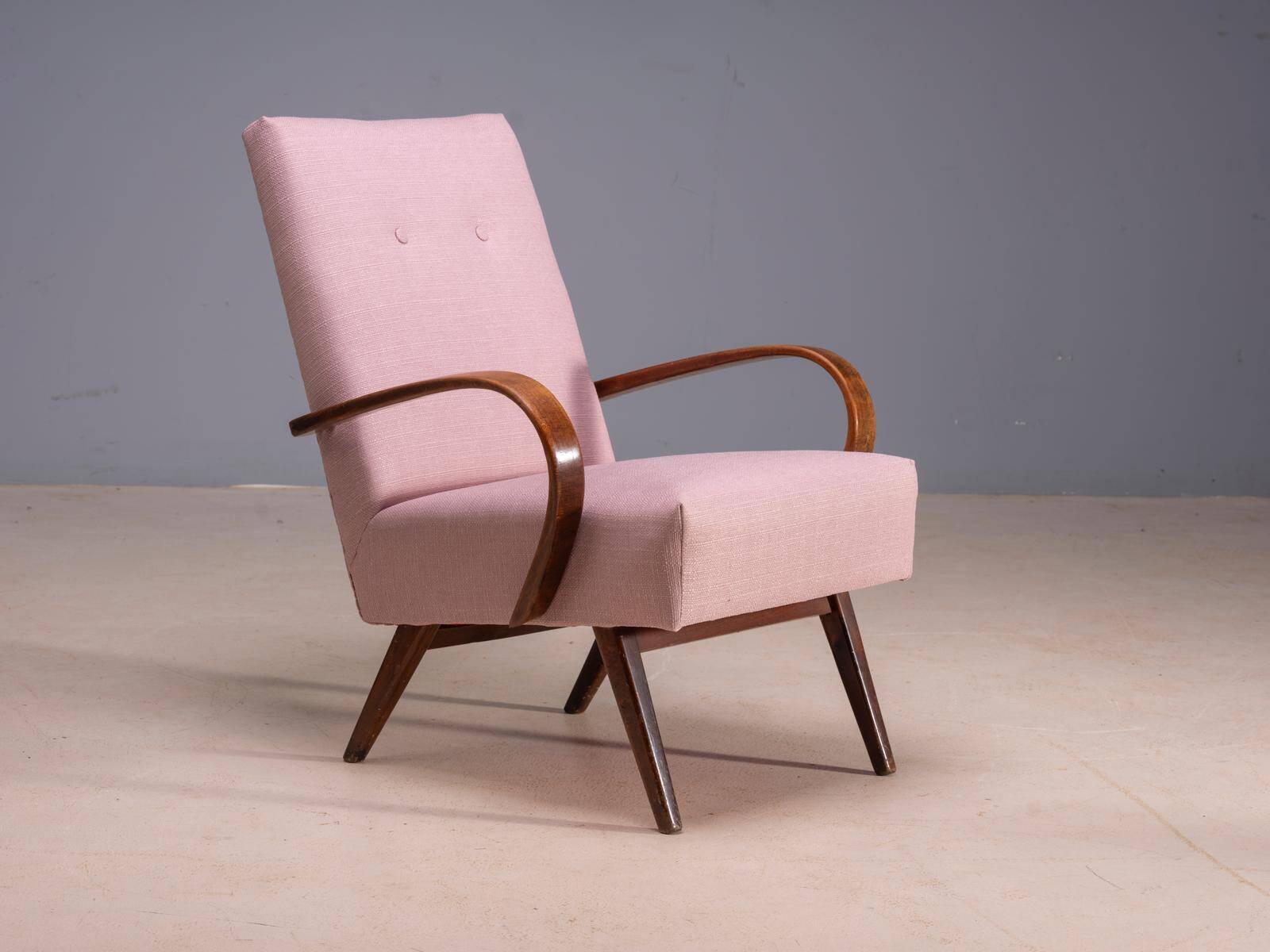Restored bentwood armchairs by Jaroslav Šmídek, pair, Czechoslovakia, new pink upholstery, 61 × 82 × 81 cm