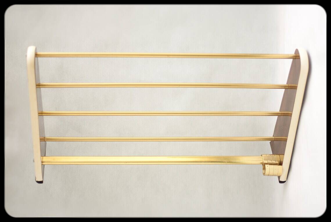 vintage formica and brass coat rack, cloakroom, hooks, hanger, shelf, hooks, coat hooks, decoration