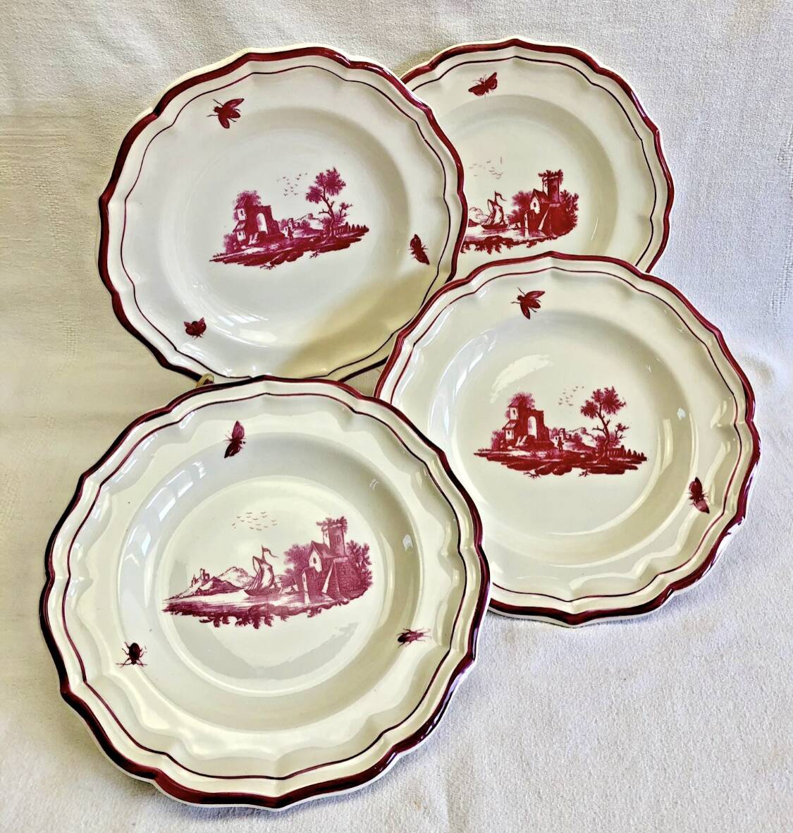 4 old Gien soup plates, pink landscape pattern, 1938/1960