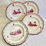 4 old Gien soup plates, pink landscape pattern, 1938/1960