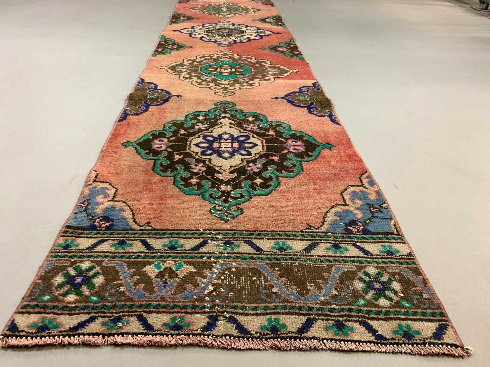 Distressed Turkish Runner 380x72 cm wool Vintage Tribal Rug Pink Green