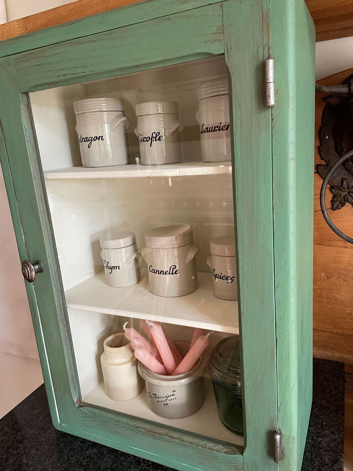 Small wooden cabinet patinated arsenic green