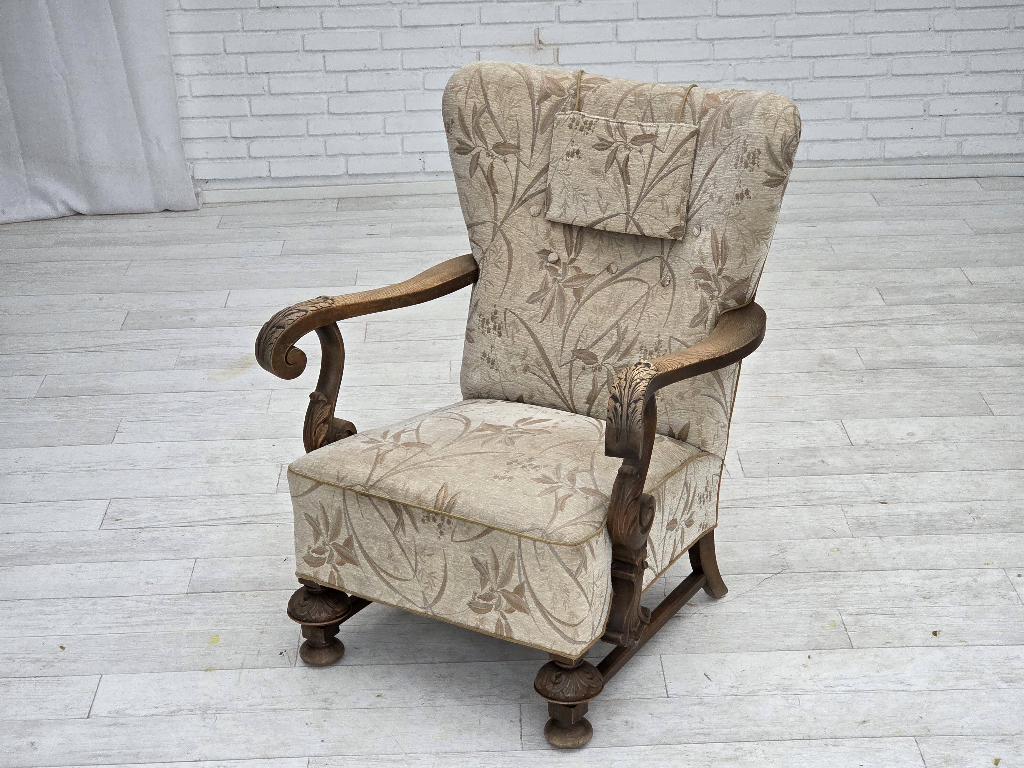 1960s, Danish armchair, beige/brown furniture fabric, carved oak wood.
