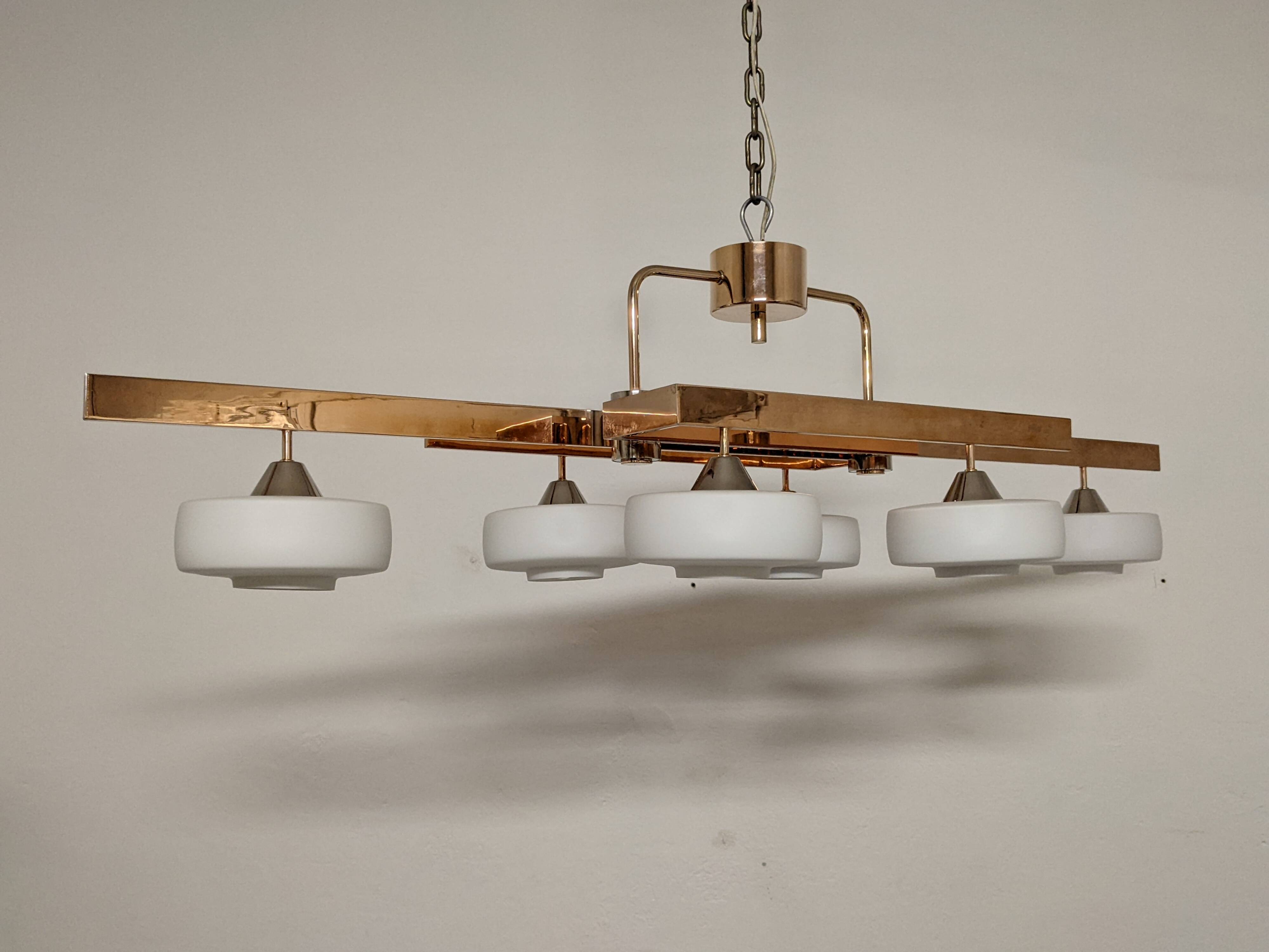 Arlus chandelier with 6 lights in opaline and brass from the 60s/70s