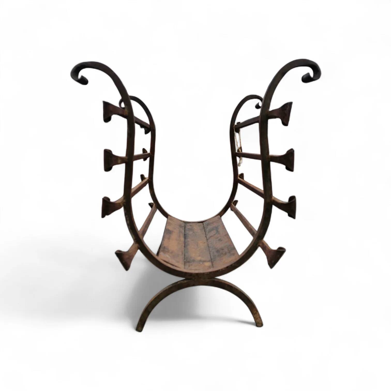 Vintage black wrought iron fireplace log holder / 1960s