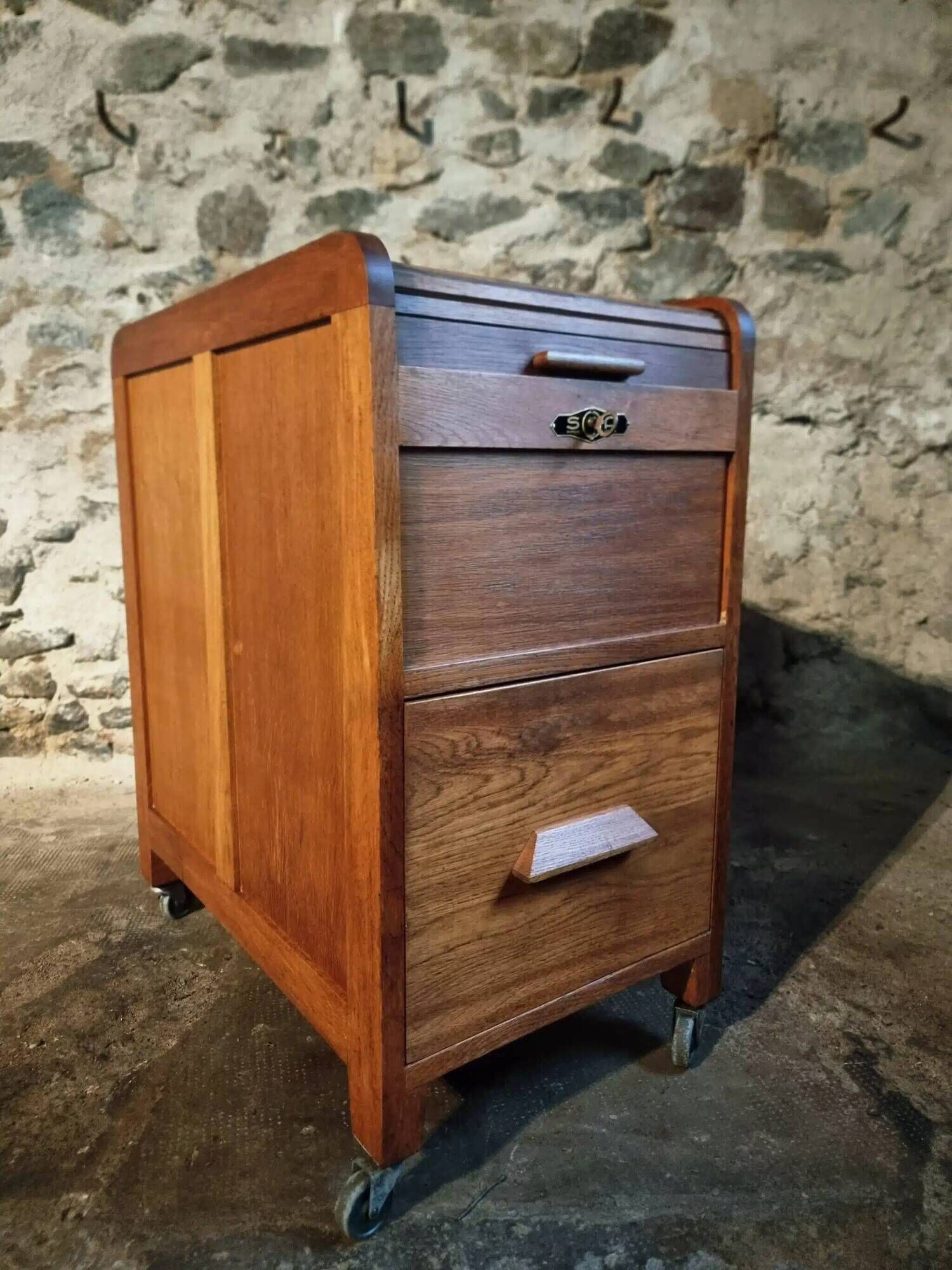 Vintage French oak office rolling cabinet with tambour door, 1950s.