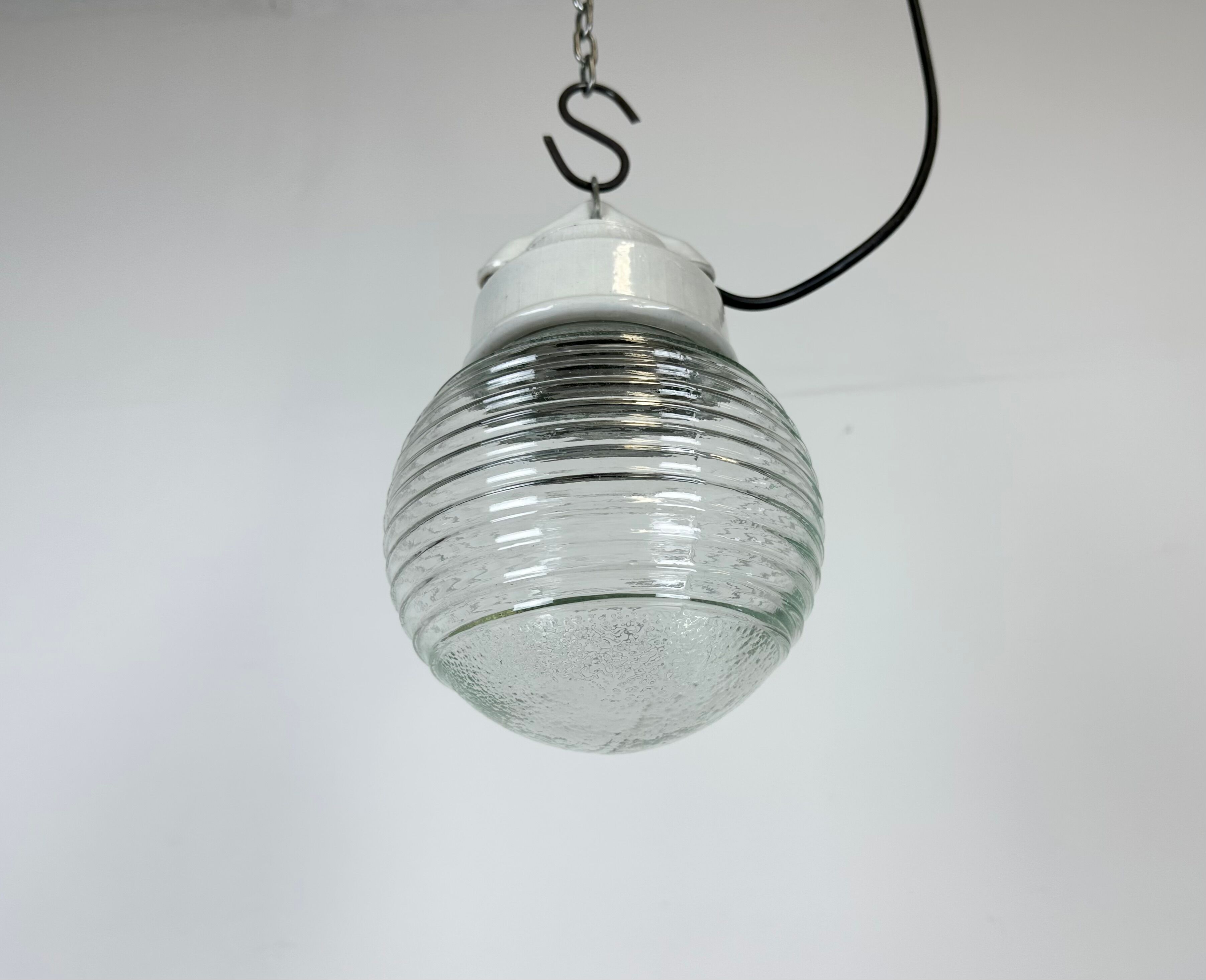 Vintage White Porcelain Pendant Light with Ribbed Glass, 1970s