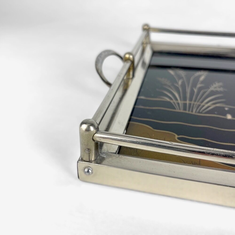 Art Deco tea tray glass and silver metal 30s