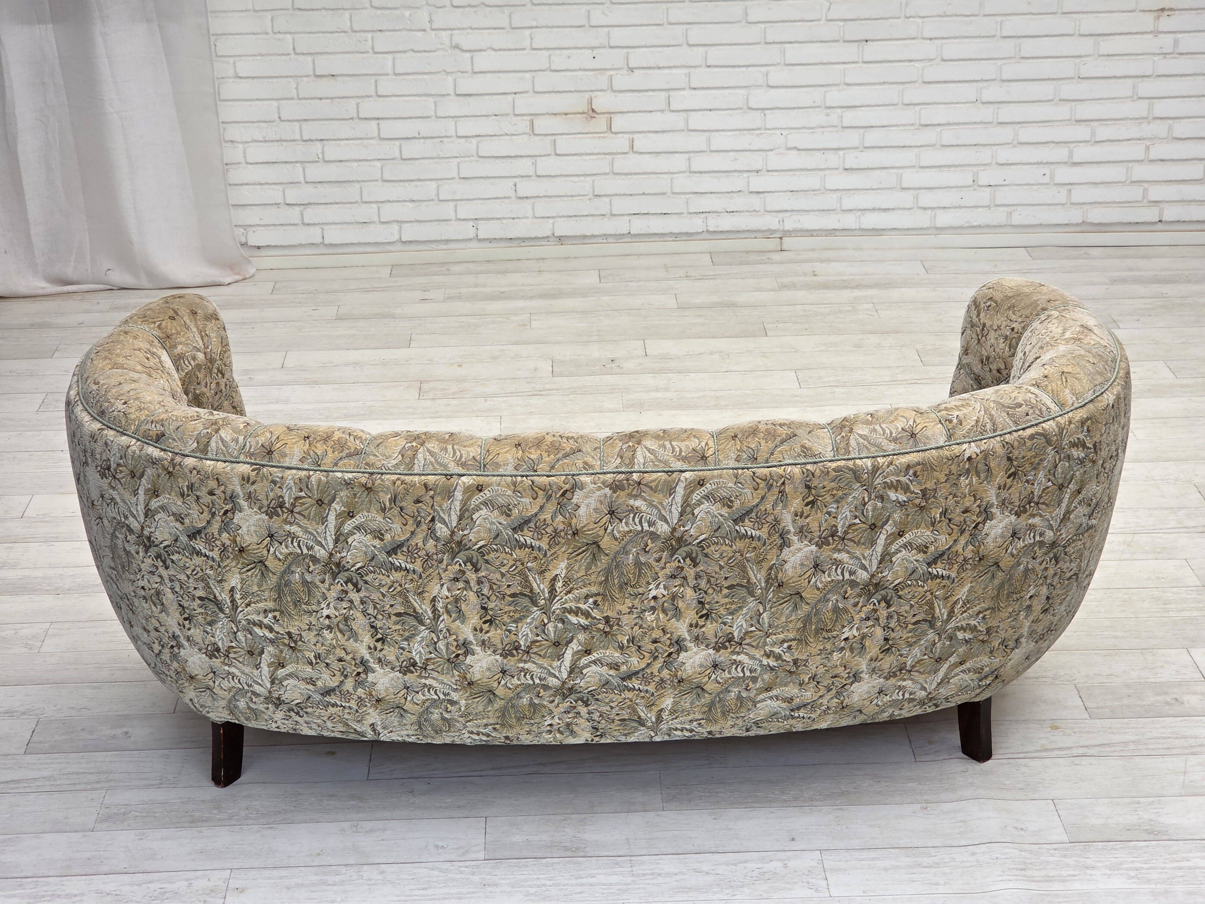 1970s, Danish 3 seater curved sofa, original multicolor furniture fabric.