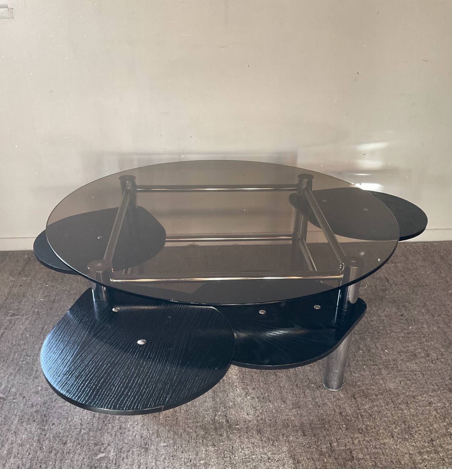 Vintage 1980s coffee table in smoked glass and chrome metal
