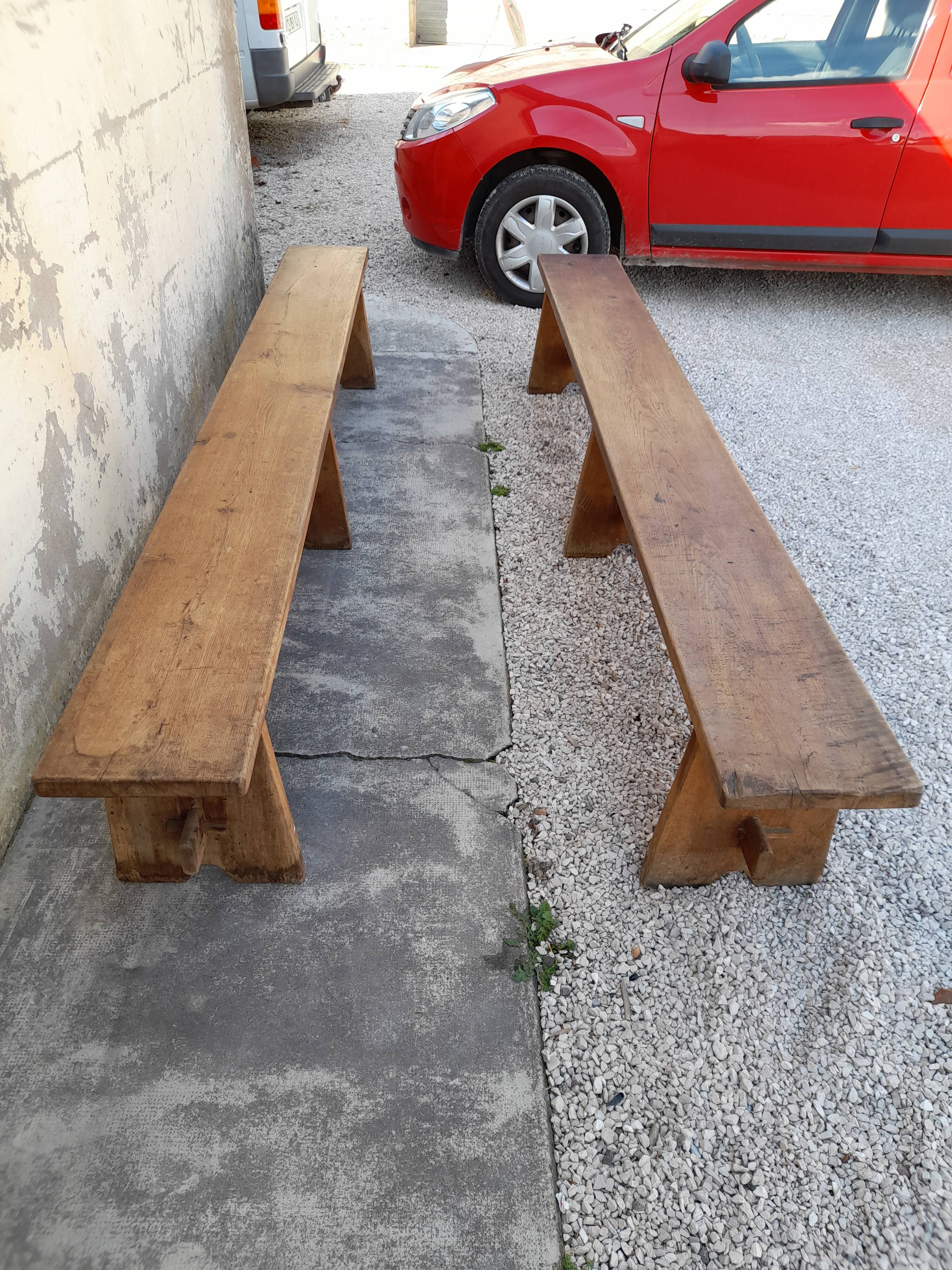 Pair of oak old farm benches 2m71