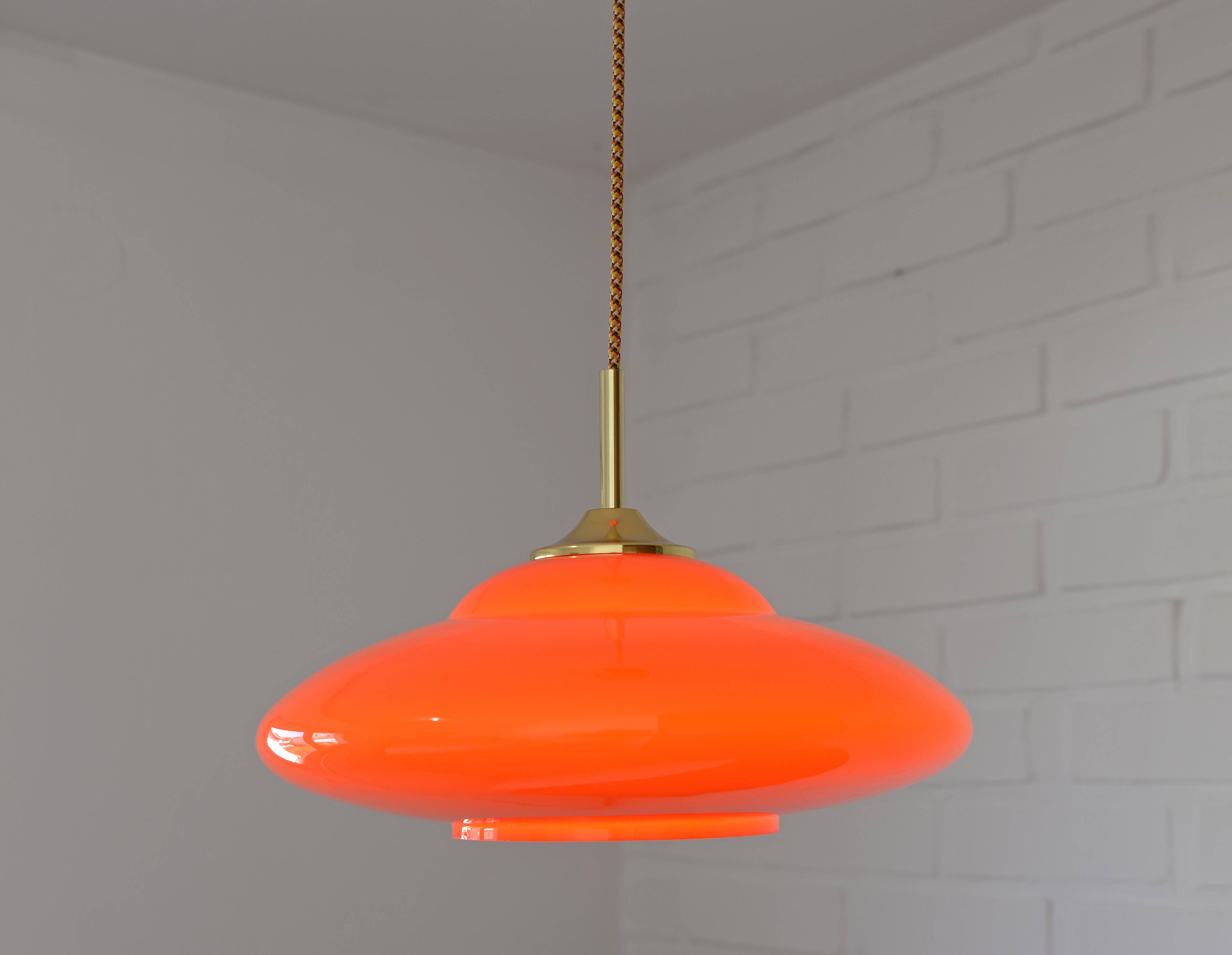 Vintage Orange Glass Pendant Light MCM Space Age Style Hanging Lamp 1970's