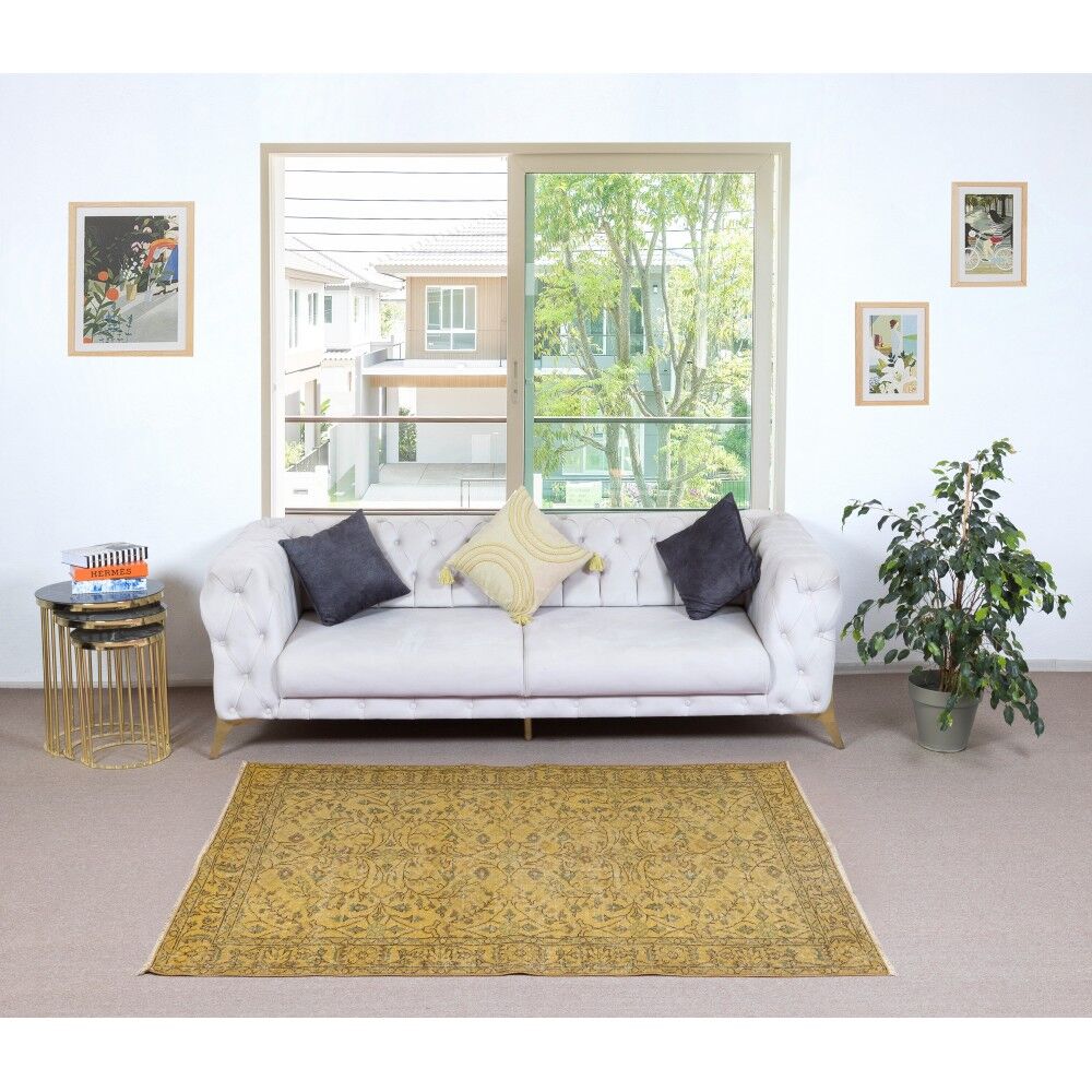 Vintage Handmade Turkish Wool Area Rug Redyed in Yellow for Modern Interiors