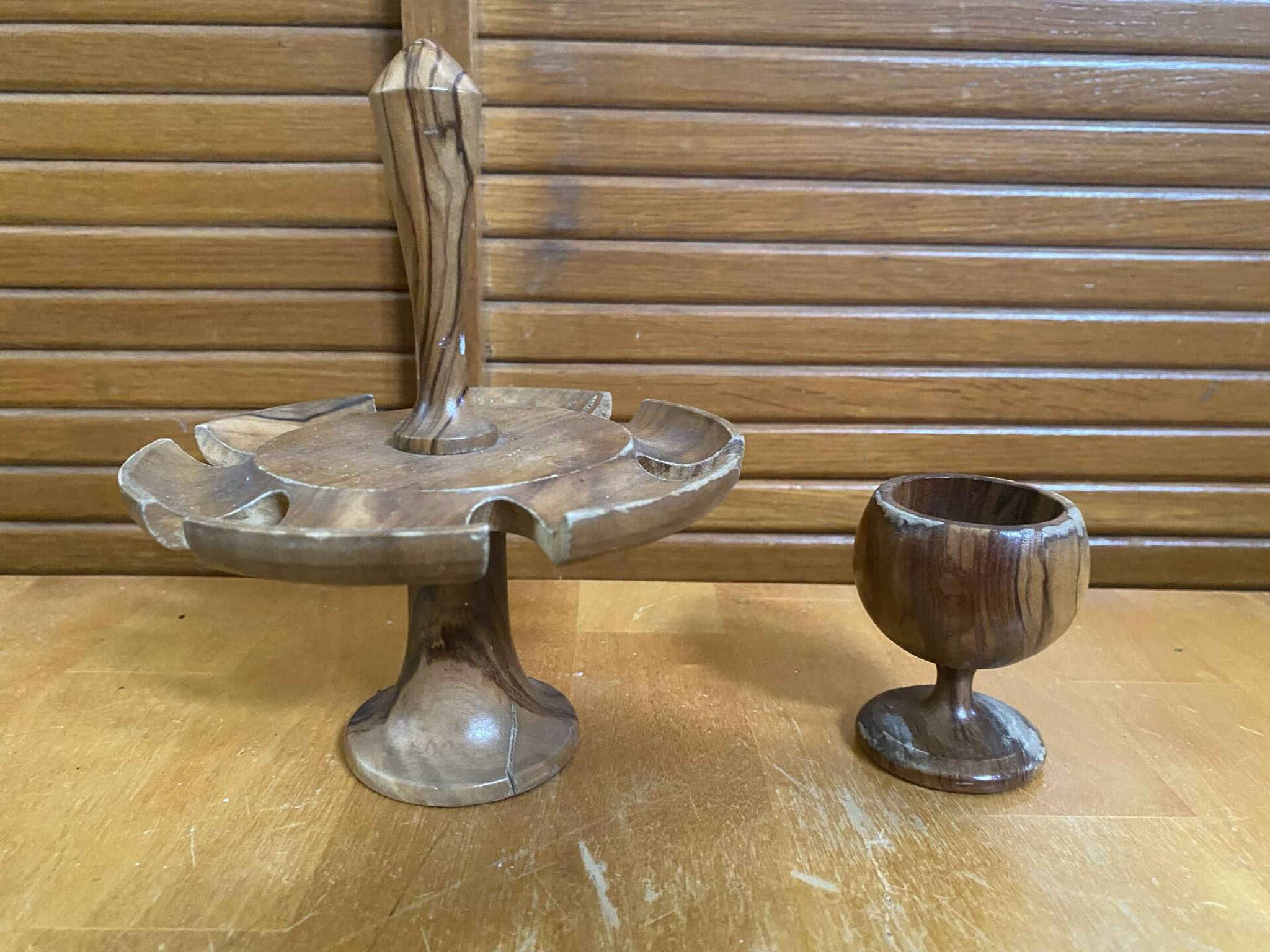 Rotating Display Stand 6 Egg Cups Olive Wood & Teak 1960s Vintage