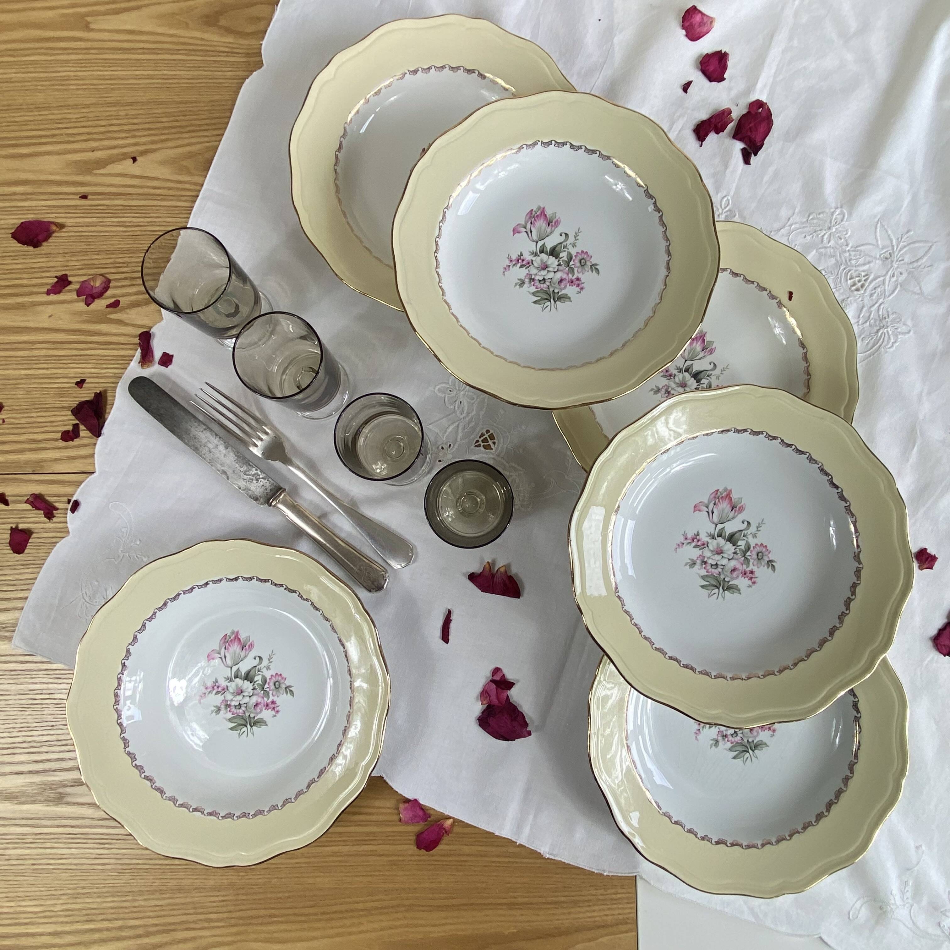 6 antique cream earthenware deep plates with gilded flowers Amandinoise