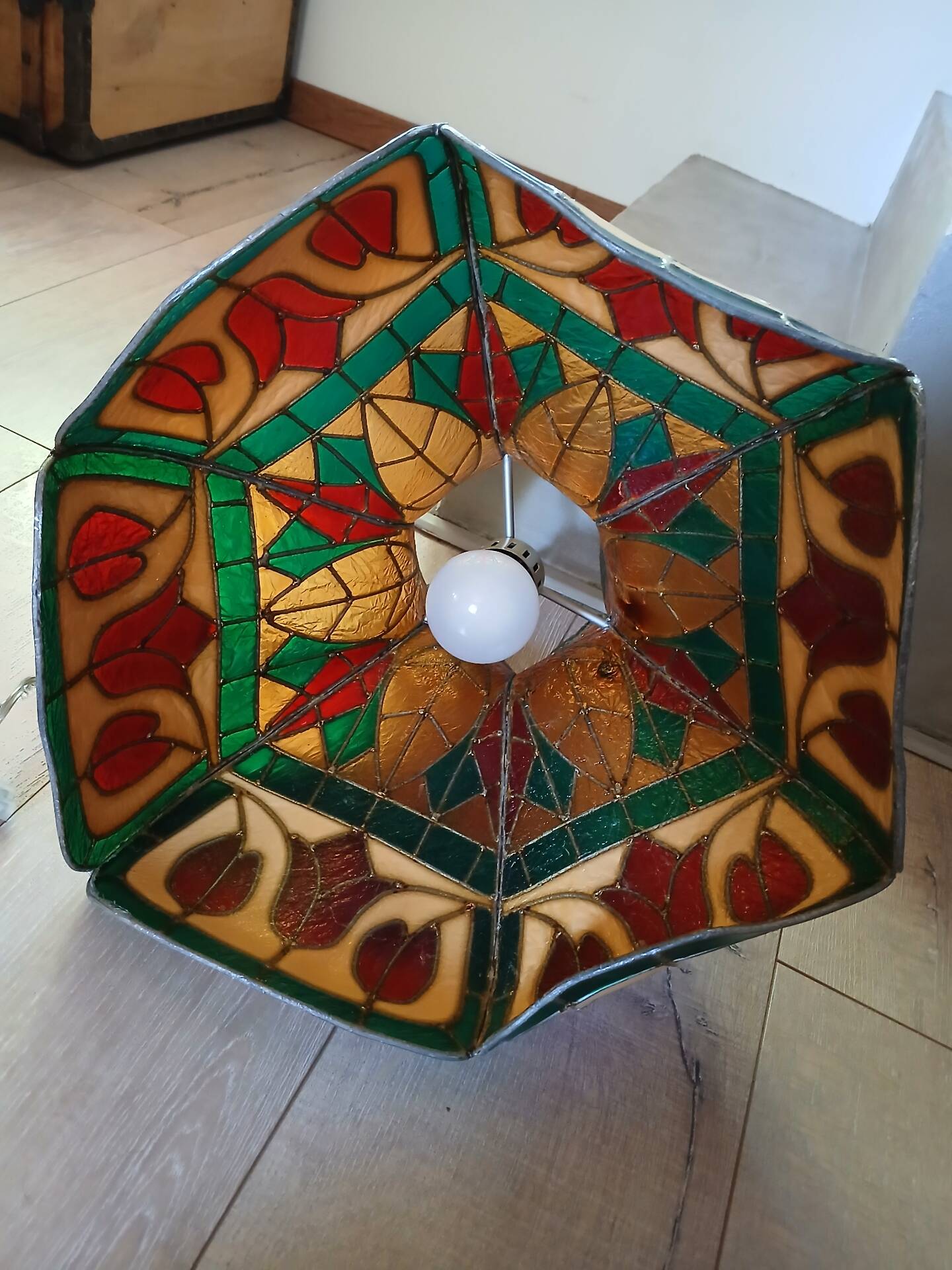 Vintage pendant light with multicoloured stained glass.