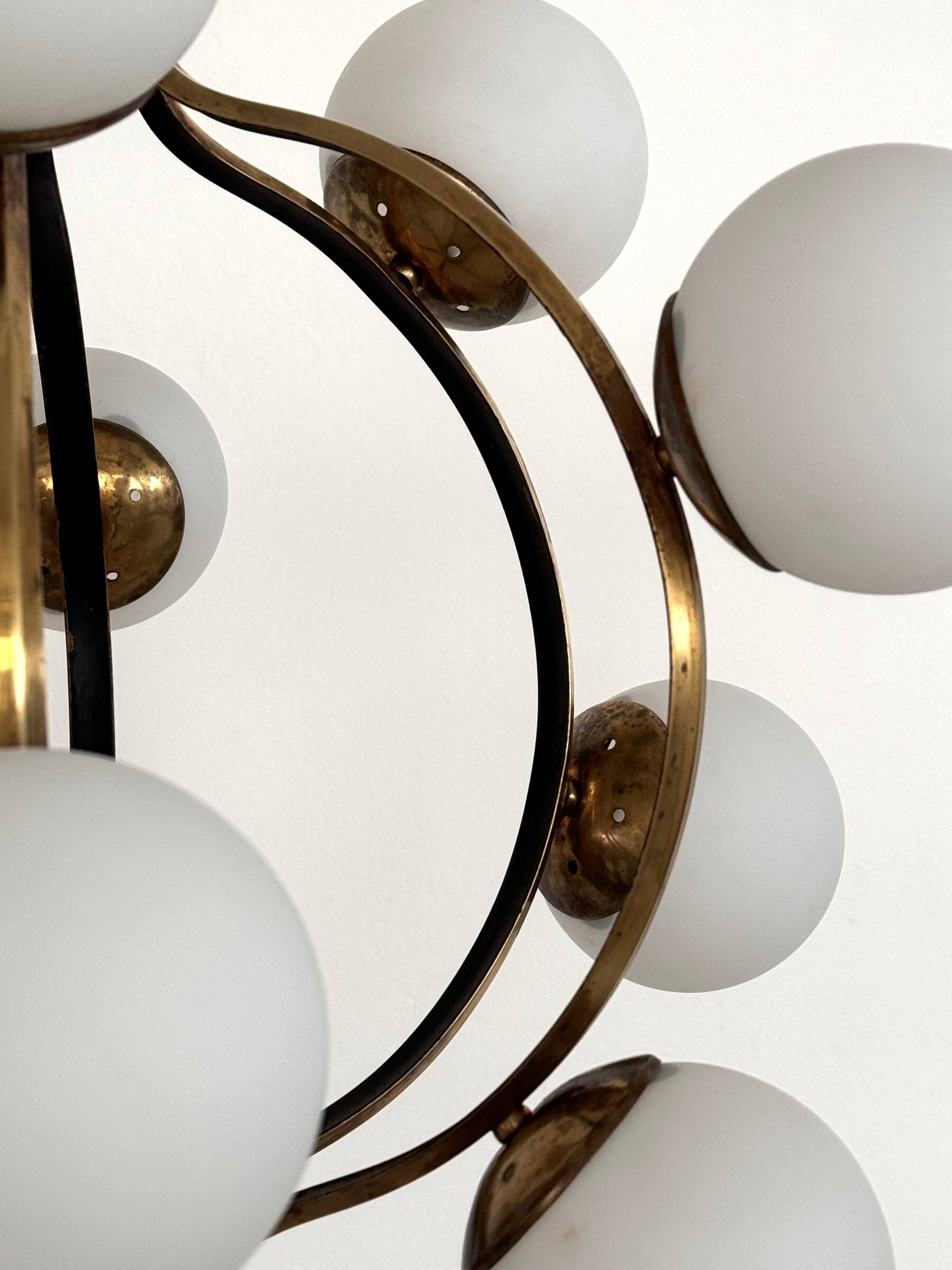 Stilnovo Italian Midcentury Chandelier, Brass & Opaline Glass, 1950s
