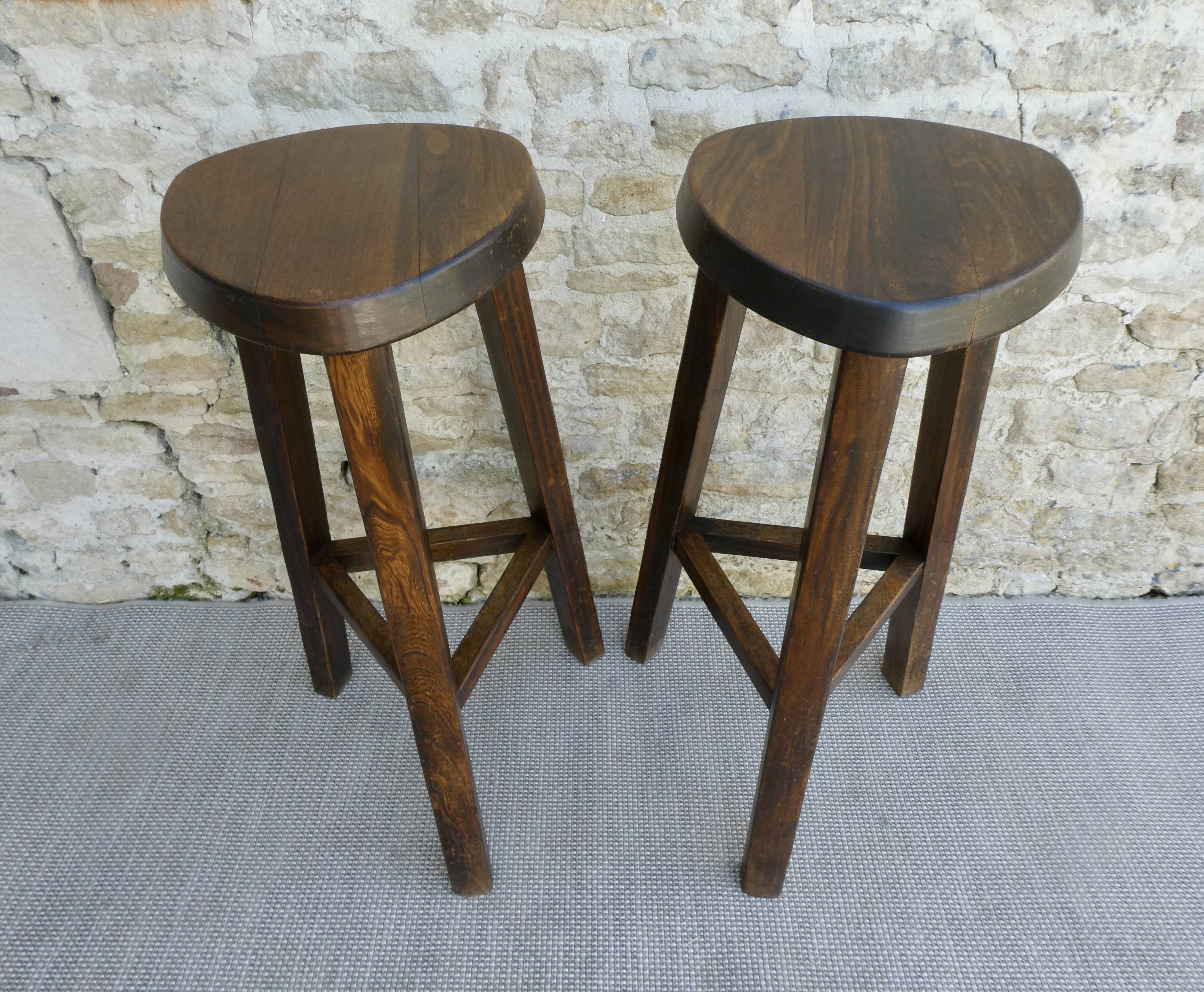 Pair of high tripod stools, bar, solid wood