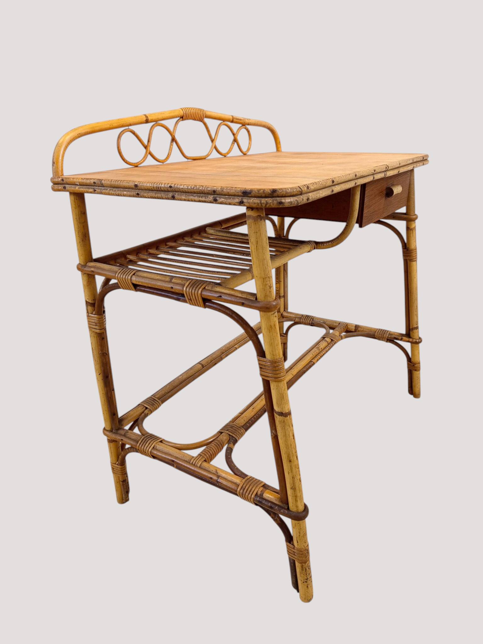 Vintage rattan and bamboo desk or dressing table (81x47 cm) – Riviera style,