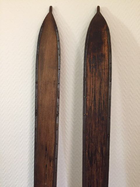 Wooden skis and vintage bamboo sticks