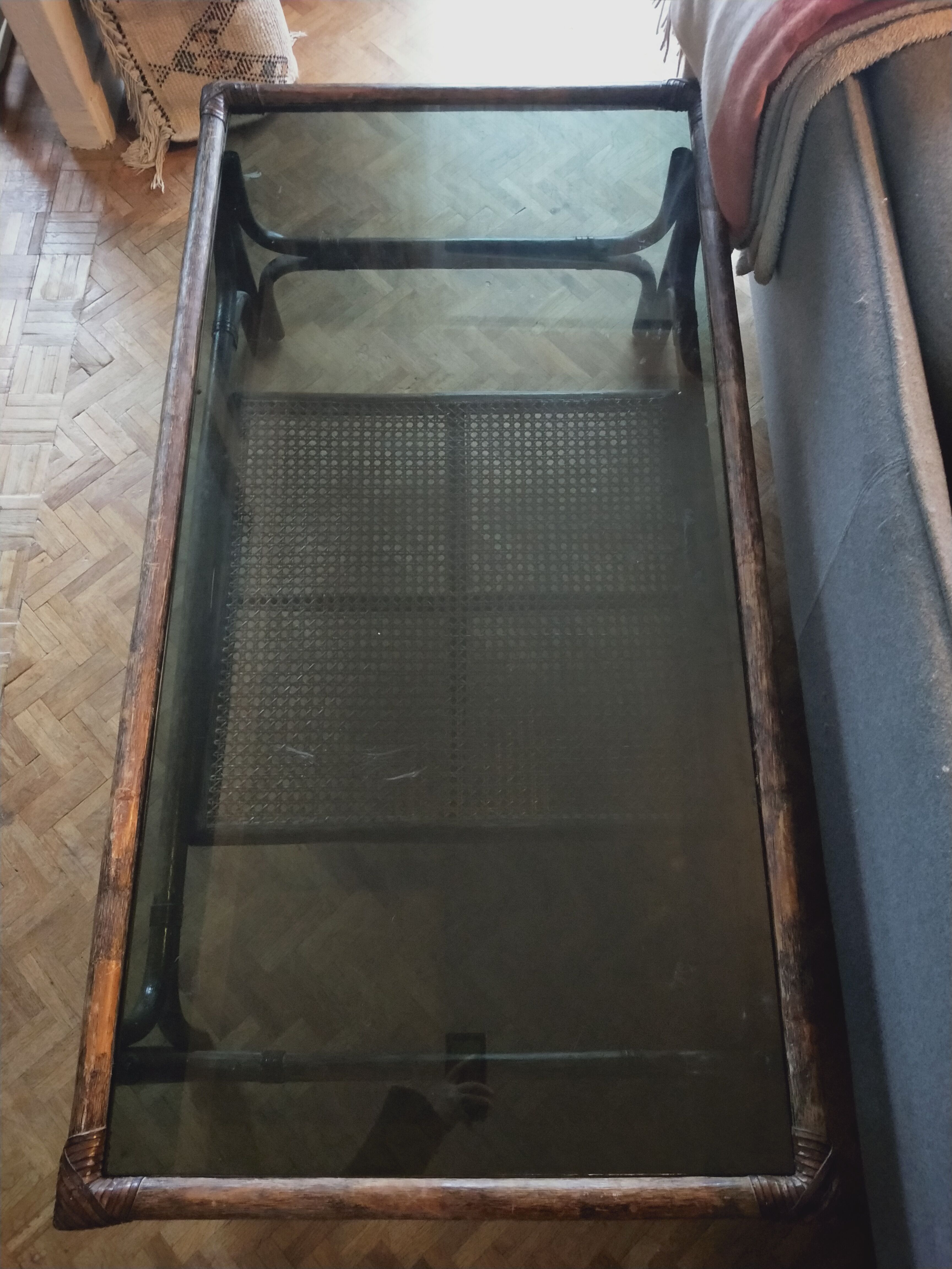 Rattan smoked glass and cannage coffee table